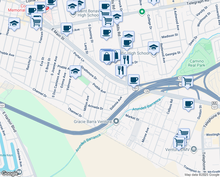 map of restaurants, bars, coffee shops, grocery stores, and more near 654 Empire Avenue in Ventura