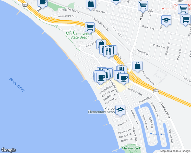 map of restaurants, bars, coffee shops, grocery stores, and more near 1088 Dover Lane in Ventura