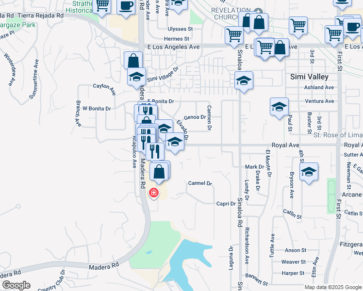 map of restaurants, bars, coffee shops, grocery stores, and more near 250 Royal Avenue in Simi Valley