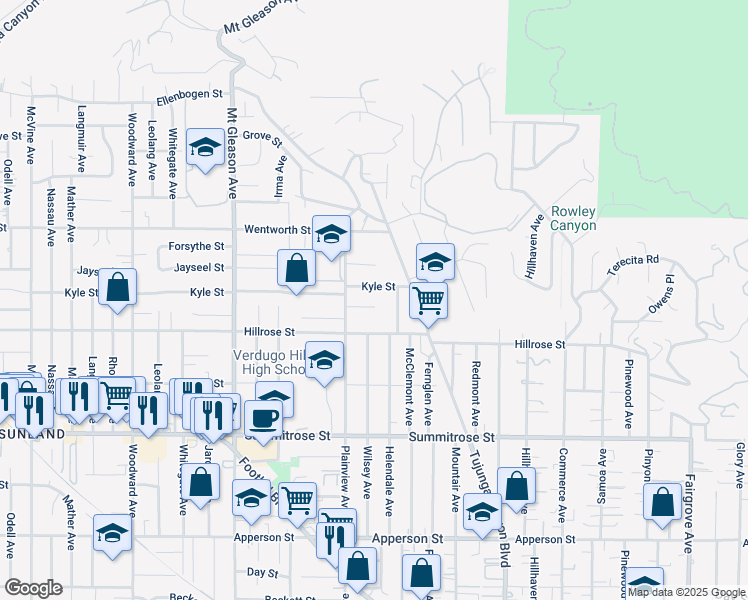 map of restaurants, bars, coffee shops, grocery stores, and more near 7543 Owens Street in Los Angeles