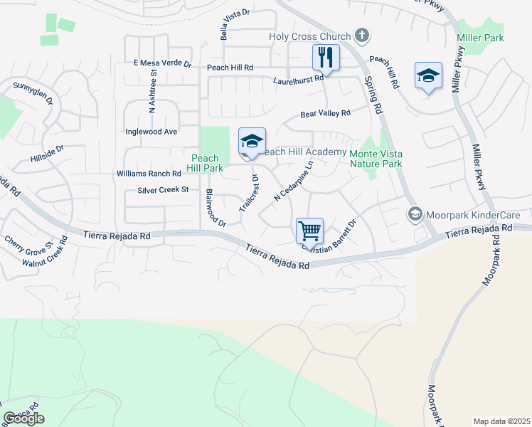 map of restaurants, bars, coffee shops, grocery stores, and more near 4004 North Cedarpine Lane in Moorpark