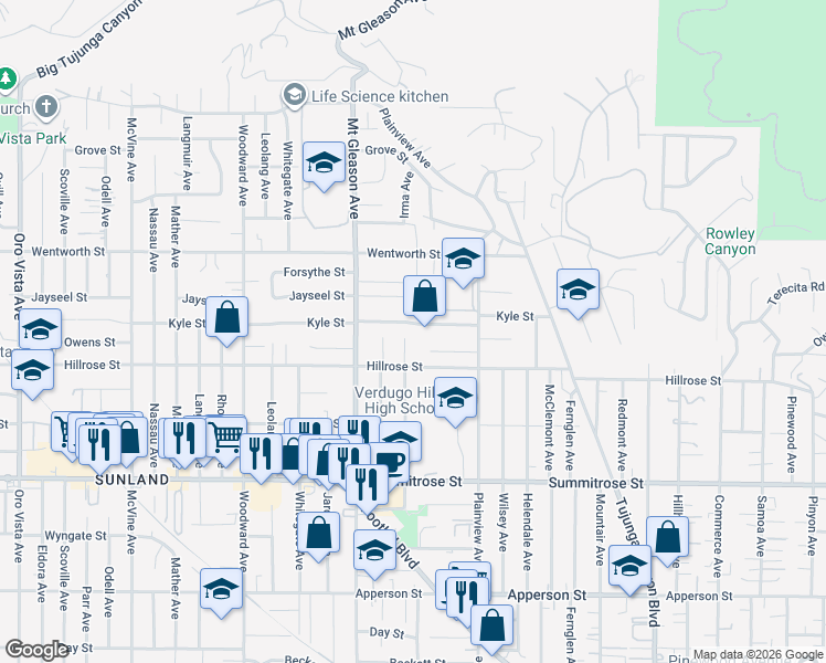 map of restaurants, bars, coffee shops, grocery stores, and more near 7704 Kyle Street in Los Angeles