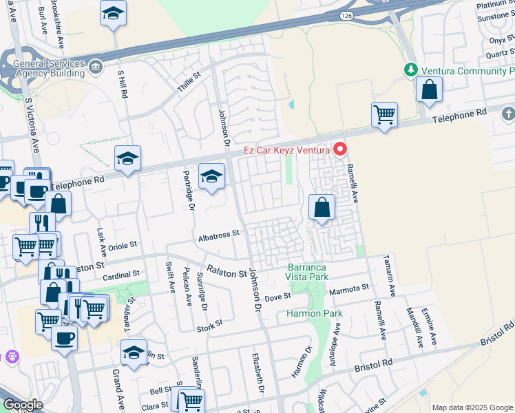 map of restaurants, bars, coffee shops, grocery stores, and more near 31 Flamingo Way in Ventura