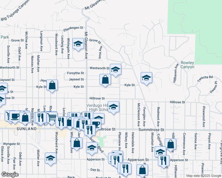 map of restaurants, bars, coffee shops, grocery stores, and more near 7634 Kyle Street in Los Angeles