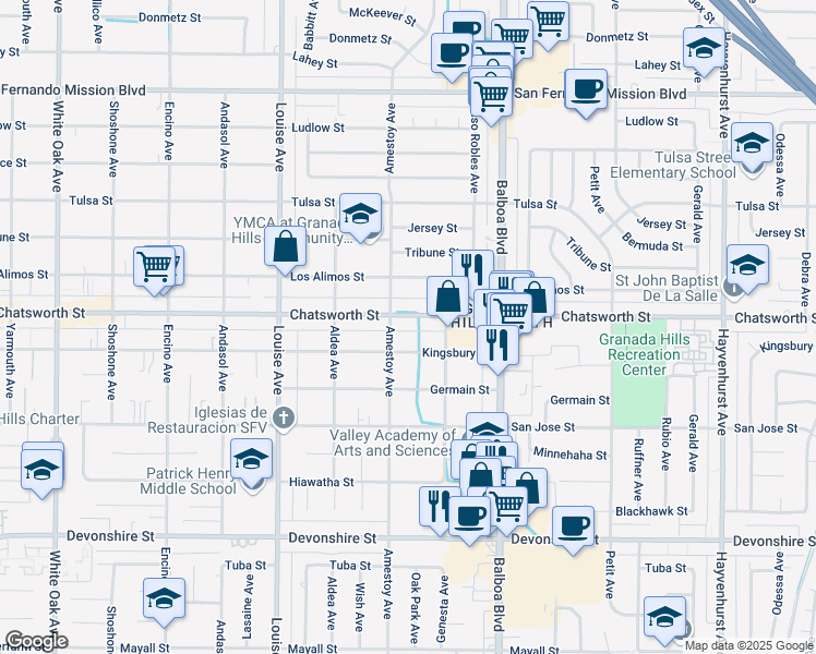 map of restaurants, bars, coffee shops, grocery stores, and more near 17112 Chatsworth Street in Los Angeles