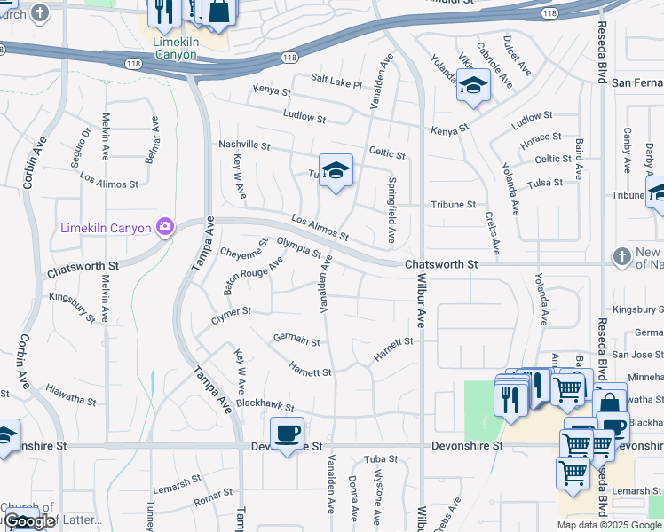 map of restaurants, bars, coffee shops, grocery stores, and more near 10670 Vanalden Avenue in Los Angeles