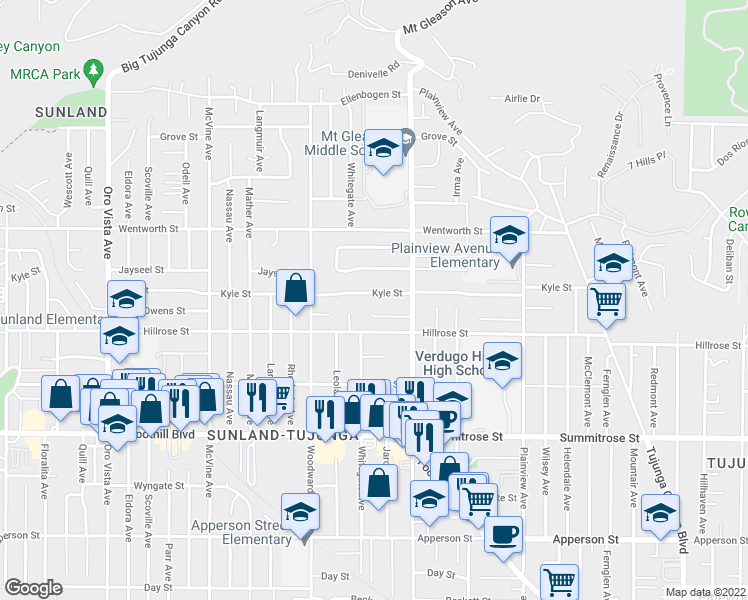 map of restaurants, bars, coffee shops, grocery stores, and more near 7846 Kyle Street in Los Angeles