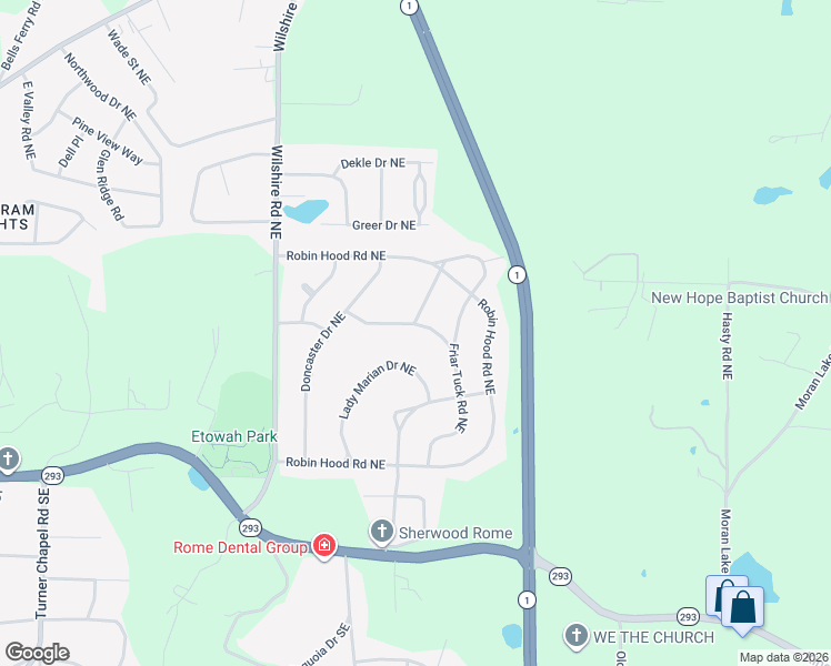 map of restaurants, bars, coffee shops, grocery stores, and more near 14 Barnesdale Way Northeast in Rome