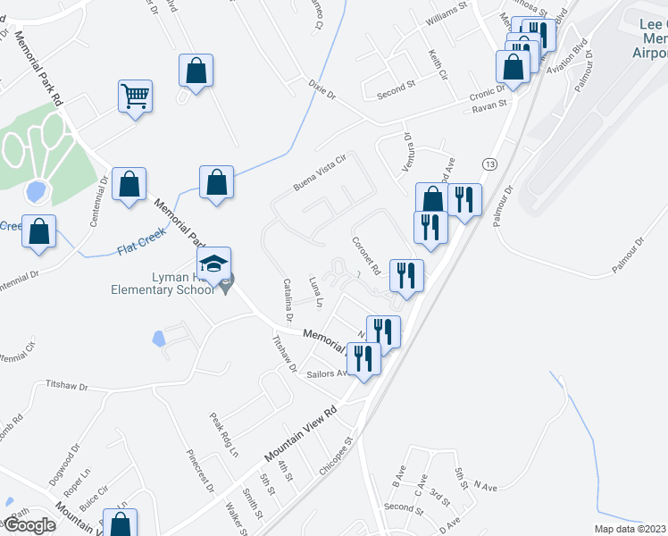 map of restaurants, bars, coffee shops, grocery stores, and more near 2516 Coloums Drive in Gainesville