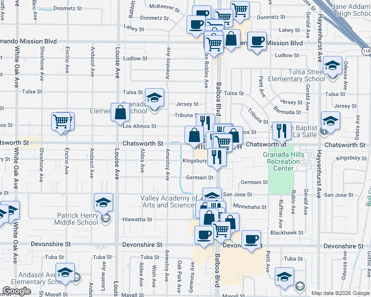 map of restaurants, bars, coffee shops, grocery stores, and more near 17082 Chatsworth Street in Los Angeles