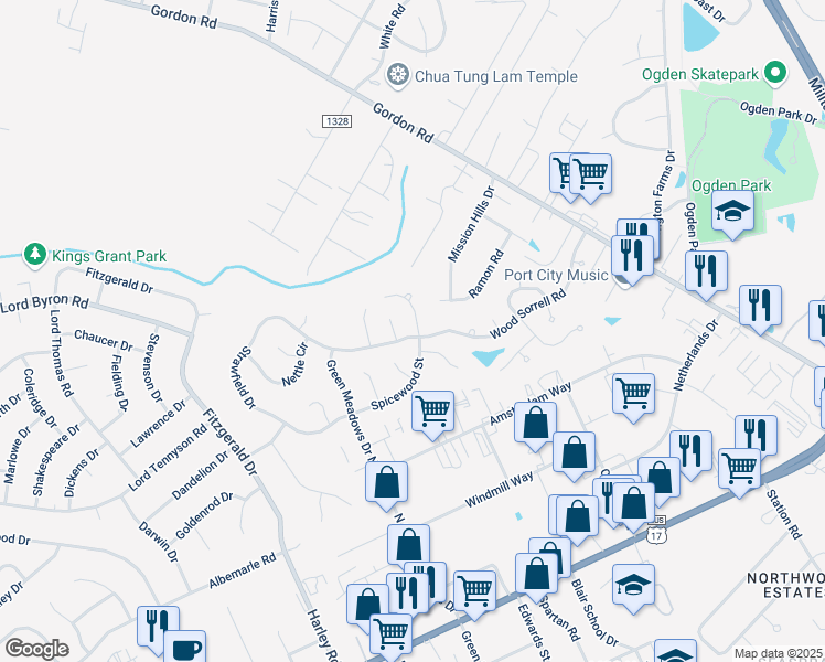 map of restaurants, bars, coffee shops, grocery stores, and more near 6610 Red Bay Court in Wilmington