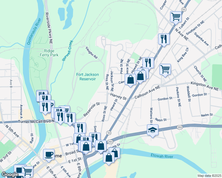 map of restaurants, bars, coffee shops, grocery stores, and more near 5 Jackson Street Northeast in Rome
