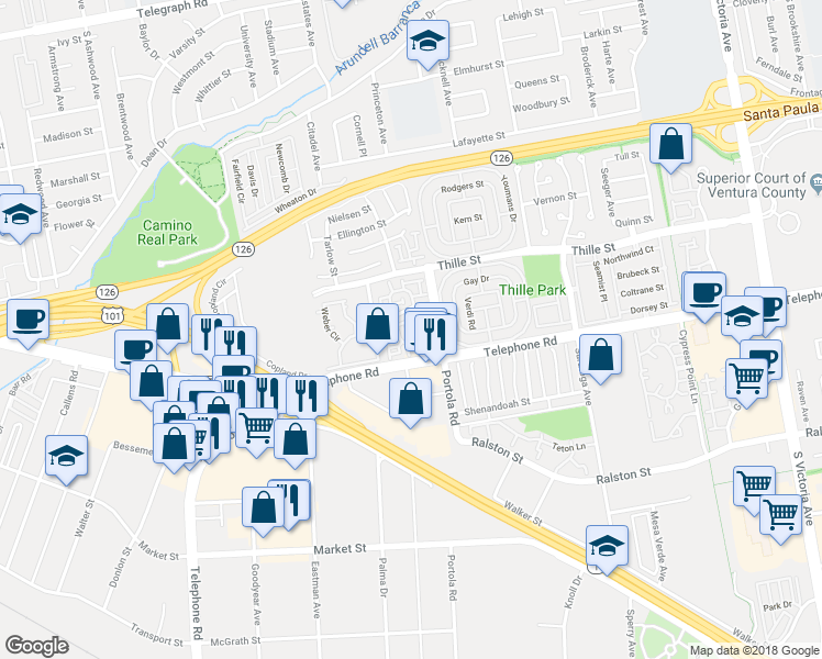 map of restaurants, bars, coffee shops, grocery stores, and more near 1029 Gilbert Lane in Ventura