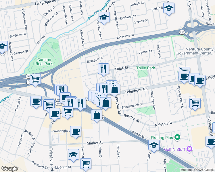 map of restaurants, bars, coffee shops, grocery stores, and more near 1029 Gilbert Lane in Ventura