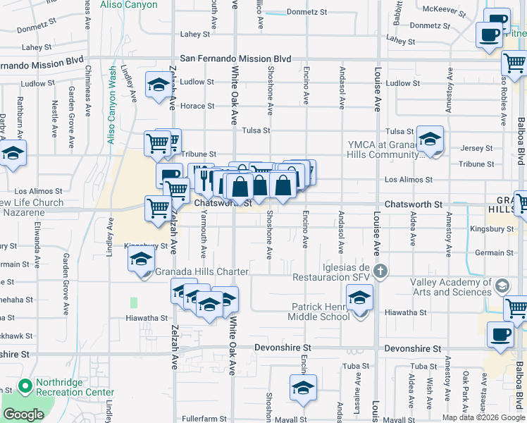 map of restaurants, bars, coffee shops, grocery stores, and more near 17604 Chatsworth Street in Los Angeles