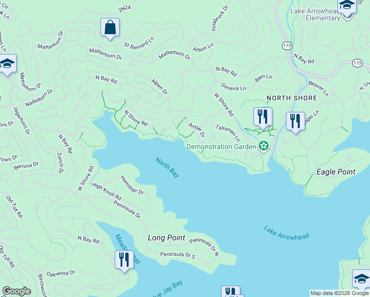 map of restaurants, bars, coffee shops, grocery stores, and more near in Lake Arrowhead