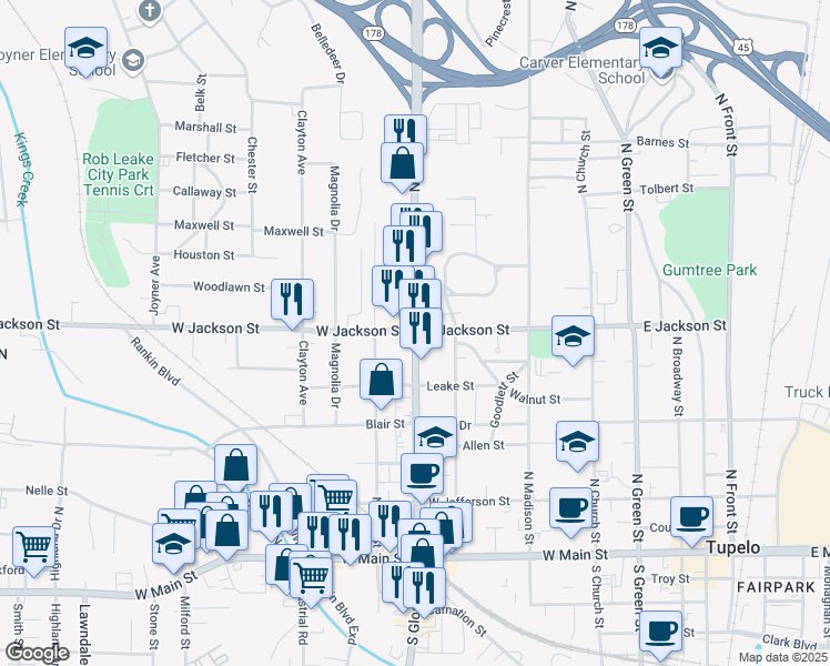 map of restaurants, bars, coffee shops, grocery stores, and more near 574 North Gloster Street in Tupelo