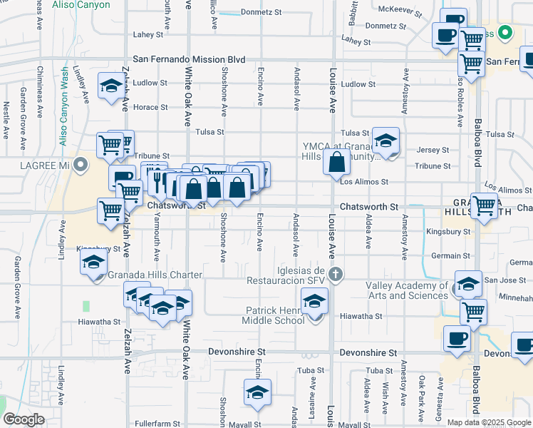 map of restaurants, bars, coffee shops, grocery stores, and more near 17436 Chatsworth Street in Los Angeles