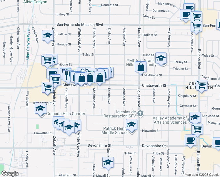 map of restaurants, bars, coffee shops, grocery stores, and more near 17436 Chatsworth Street in Los Angeles