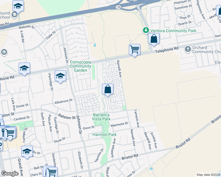 map of restaurants, bars, coffee shops, grocery stores, and more near 1416 Chipmunk Circle in Ventura
