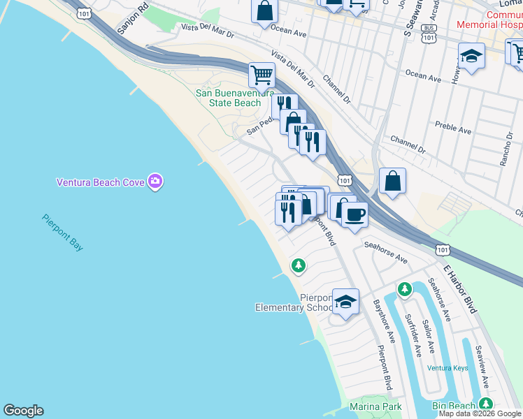 map of restaurants, bars, coffee shops, grocery stores, and more near 1132 Bangor Lane in Ventura