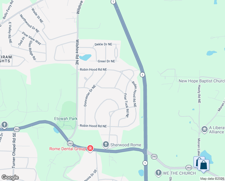 map of restaurants, bars, coffee shops, grocery stores, and more near 14 Barnesdale Way Northeast in Rome