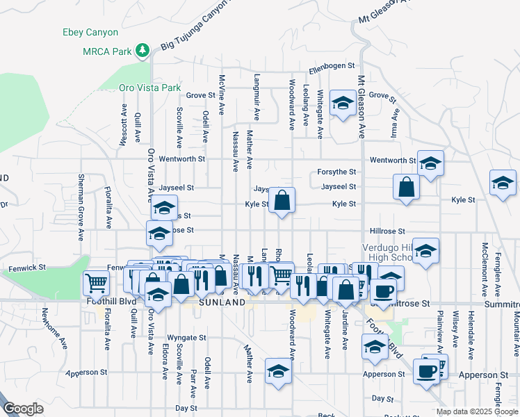 map of restaurants, bars, coffee shops, grocery stores, and more near 8060 Kyle Street in Los Angeles