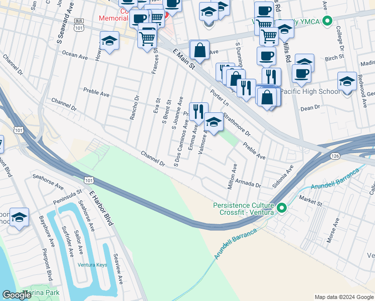 map of restaurants, bars, coffee shops, grocery stores, and more near 537 Emma Avenue in Ventura