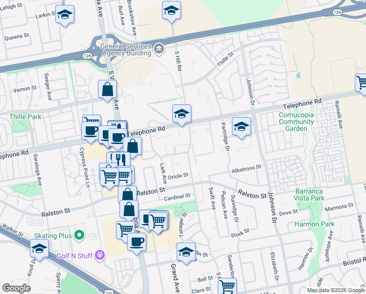 map of restaurants, bars, coffee shops, grocery stores, and more near 6348 Swallow Street in Ventura