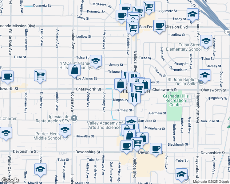 map of restaurants, bars, coffee shops, grocery stores, and more near 17082 Chatsworth Street in Los Angeles
