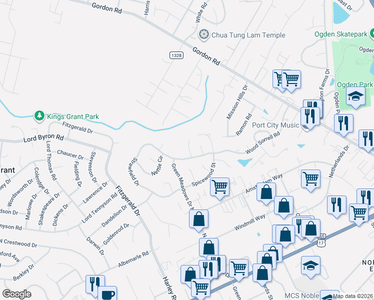 map of restaurants, bars, coffee shops, grocery stores, and more near 609 Silver Grass Court in Wilmington