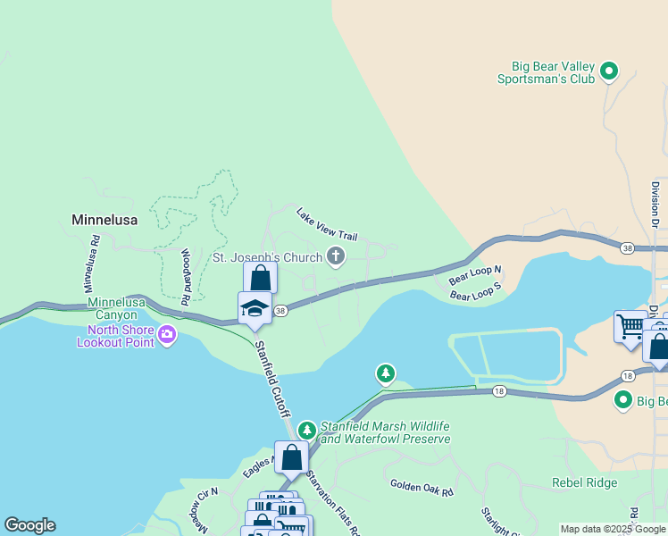 map of restaurants, bars, coffee shops, grocery stores, and more near 42242 North Shore Drive in Big Bear