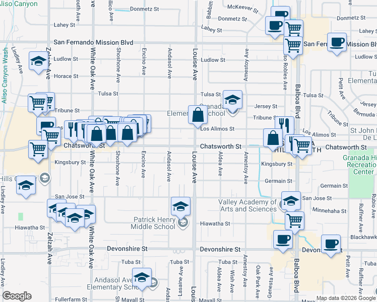map of restaurants, bars, coffee shops, grocery stores, and more near 17326 Chatsworth Street in Los Angeles