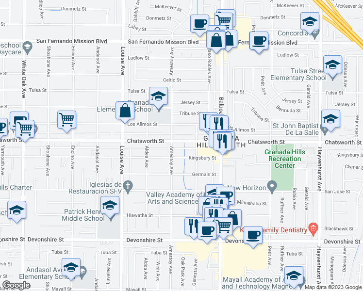 map of restaurants, bars, coffee shops, grocery stores, and more near 17106 Chatsworth Street in Granada Hills