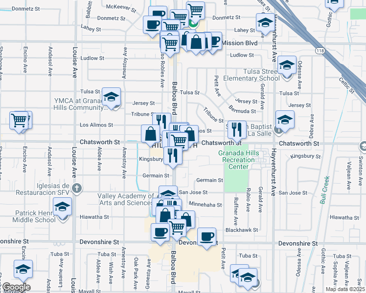 map of restaurants, bars, coffee shops, grocery stores, and more near 10686 Balboa Boulevard in Los Angeles