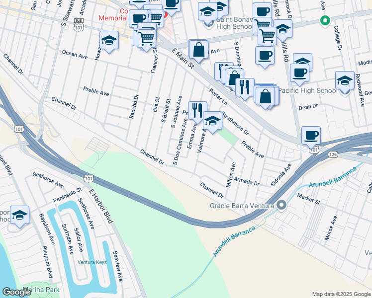 map of restaurants, bars, coffee shops, grocery stores, and more near 537 Emma Avenue in Ventura