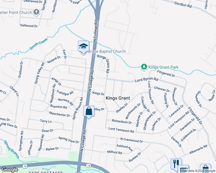 map of restaurants, bars, coffee shops, grocery stores, and more near 1214 Kings Grant Road in Wilmington