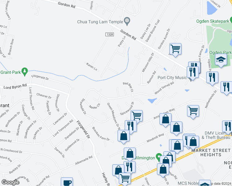 map of restaurants, bars, coffee shops, grocery stores, and more near 609 Silver Grass Court in Wilmington