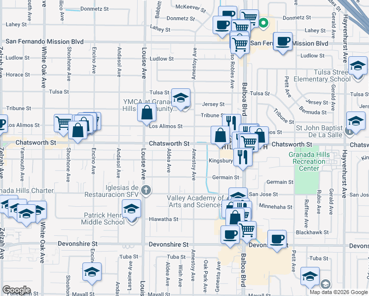 map of restaurants, bars, coffee shops, grocery stores, and more near 17154 Chatsworth Street in Los Angeles