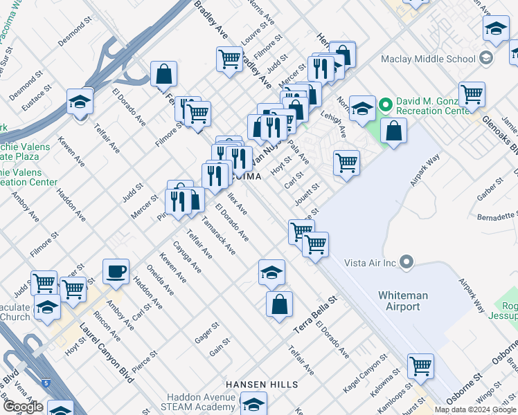 map of restaurants, bars, coffee shops, grocery stores, and more near 10693 San Fernando Road in Los Angeles