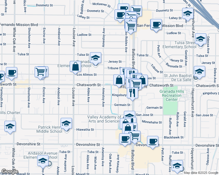 map of restaurants, bars, coffee shops, grocery stores, and more near 17106 Chatsworth Street in Los Angeles