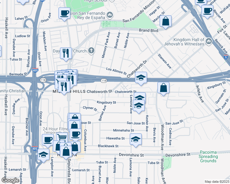 map of restaurants, bars, coffee shops, grocery stores, and more near Chatsworth Street in San Fernando