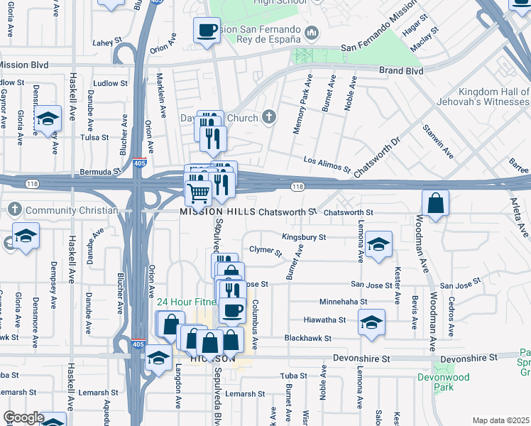 map of restaurants, bars, coffee shops, grocery stores, and more near 15232 Chatsworth Street in Los Angeles