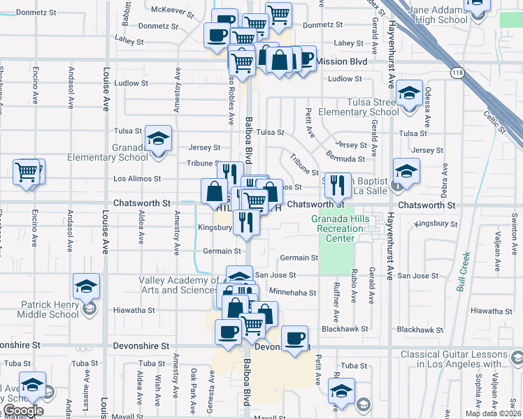 map of restaurants, bars, coffee shops, grocery stores, and more near 10686 Balboa Boulevard in Los Angeles