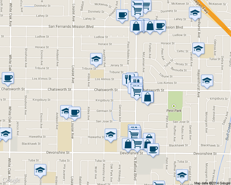 map of restaurants, bars, coffee shops, grocery stores, and more near 17068 Chatsworth Street in Los Angeles