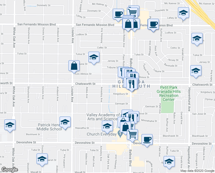 map of restaurants, bars, coffee shops, grocery stores, and more near 17112 Chatsworth Street in Los Angeles
