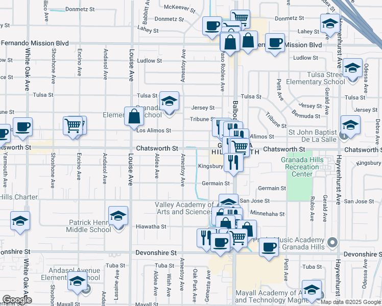 map of restaurants, bars, coffee shops, grocery stores, and more near 17112 Chatsworth Street in Los Angeles