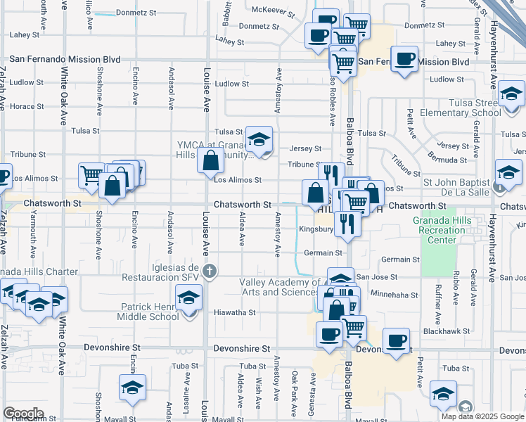 map of restaurants, bars, coffee shops, grocery stores, and more near 17154 Chatsworth Street in Los Angeles