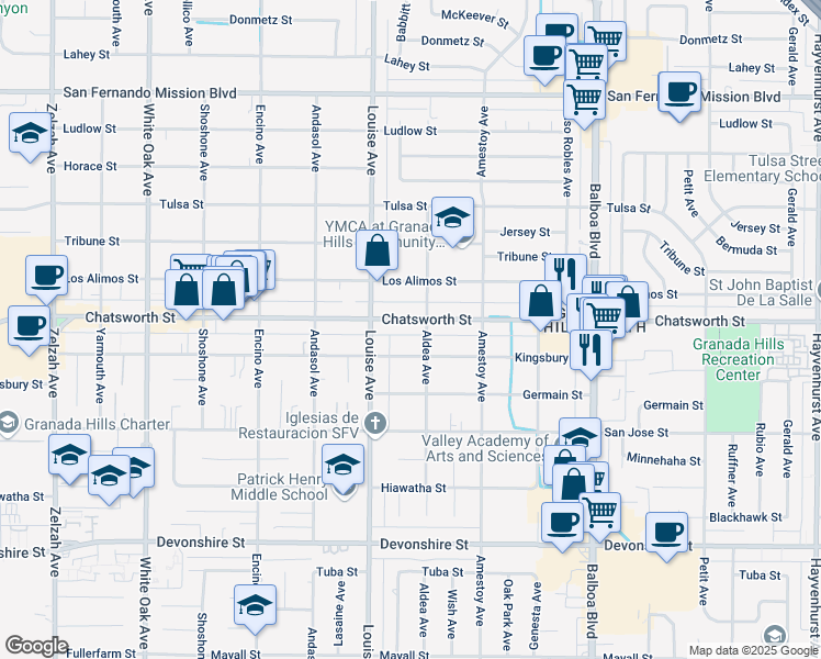 map of restaurants, bars, coffee shops, grocery stores, and more near 17204 Chatsworth Street in Los Angeles