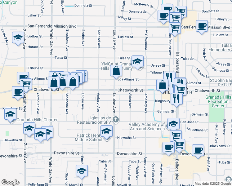 map of restaurants, bars, coffee shops, grocery stores, and more near 17246 Chatsworth Street in Los Angeles